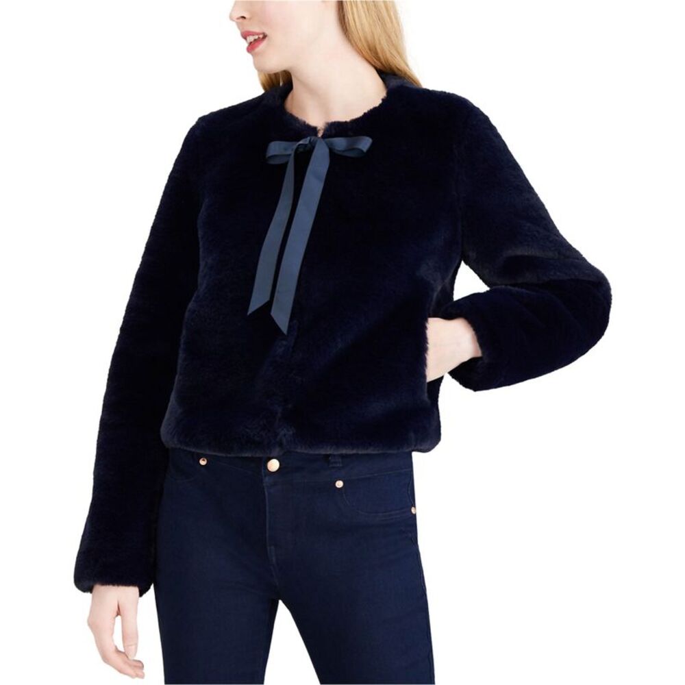 maison Jules Womens Tie-Neck Faux-Fur Jacket, Blue, XL, DM
